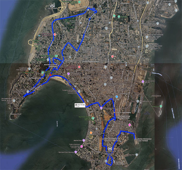 From the cruise terminal (bottom right), we drove south to the Gateway of India arch-monument, then north past the university and the high court to the railway station, where we paused briefly. Heading west, we followed the coast around to the park and gardens on Malabar Hill for our first stop. After a short drive north we stopped again at Ghandi's one-time home, Mani Bhavan. We continued north to the Mahalaxshmi dhobi ghat for our final stop, before driving south again to the coastal road, which took us back to the ship.